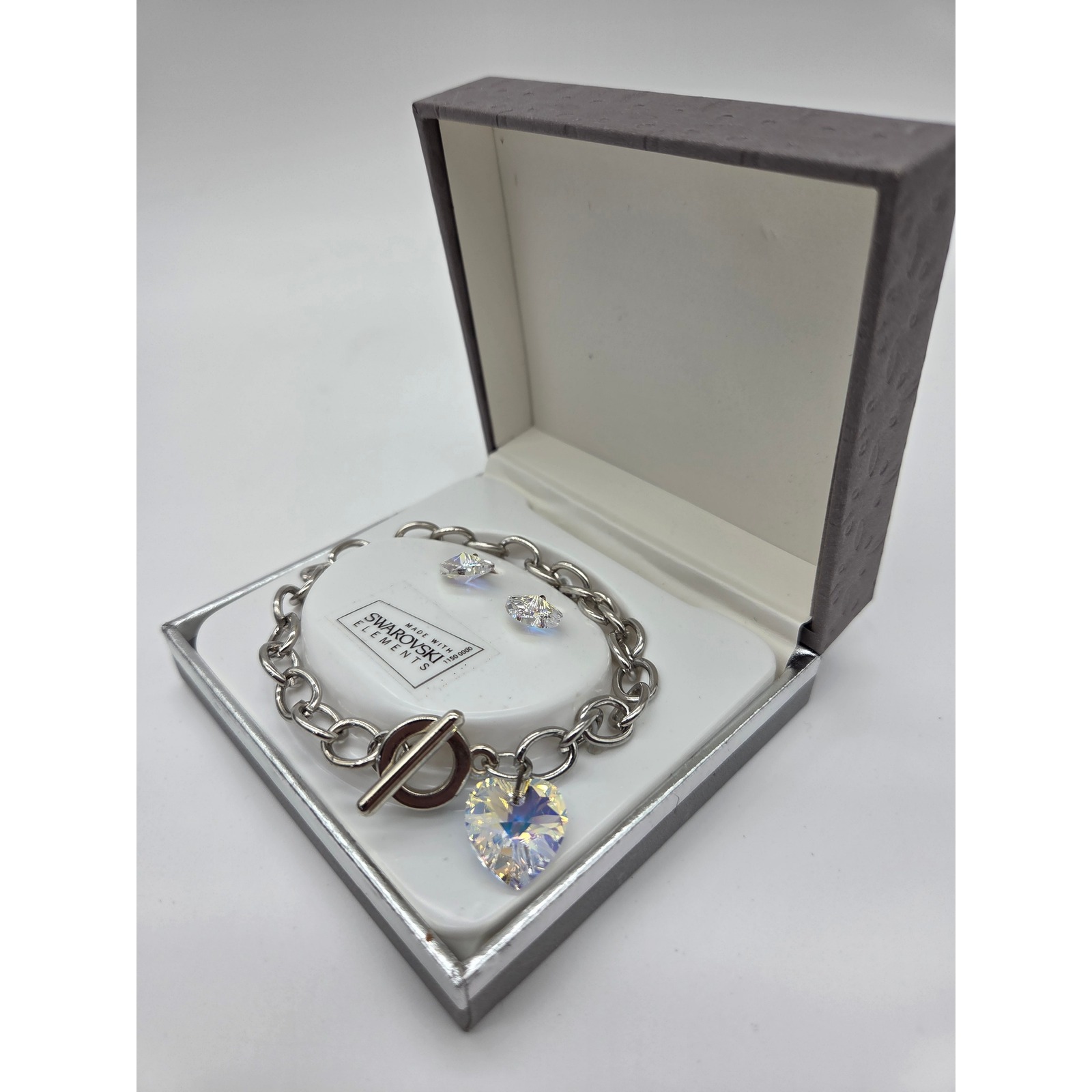 Swarovski Elements Aurora Borealis Heart Bracelet & Earring Set Iridescent Nib